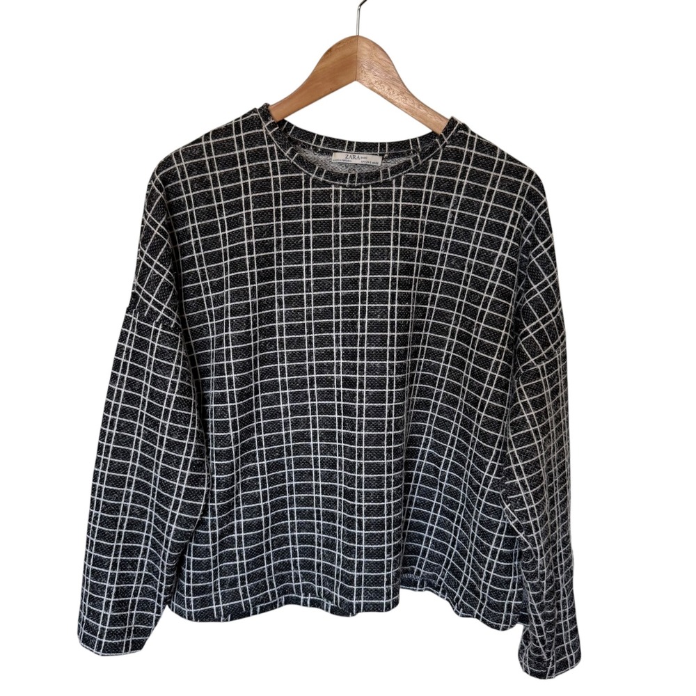 Zara Basic Top Women Small Black White Exc. Windowpane Grid Boxy Long Sleeve‎